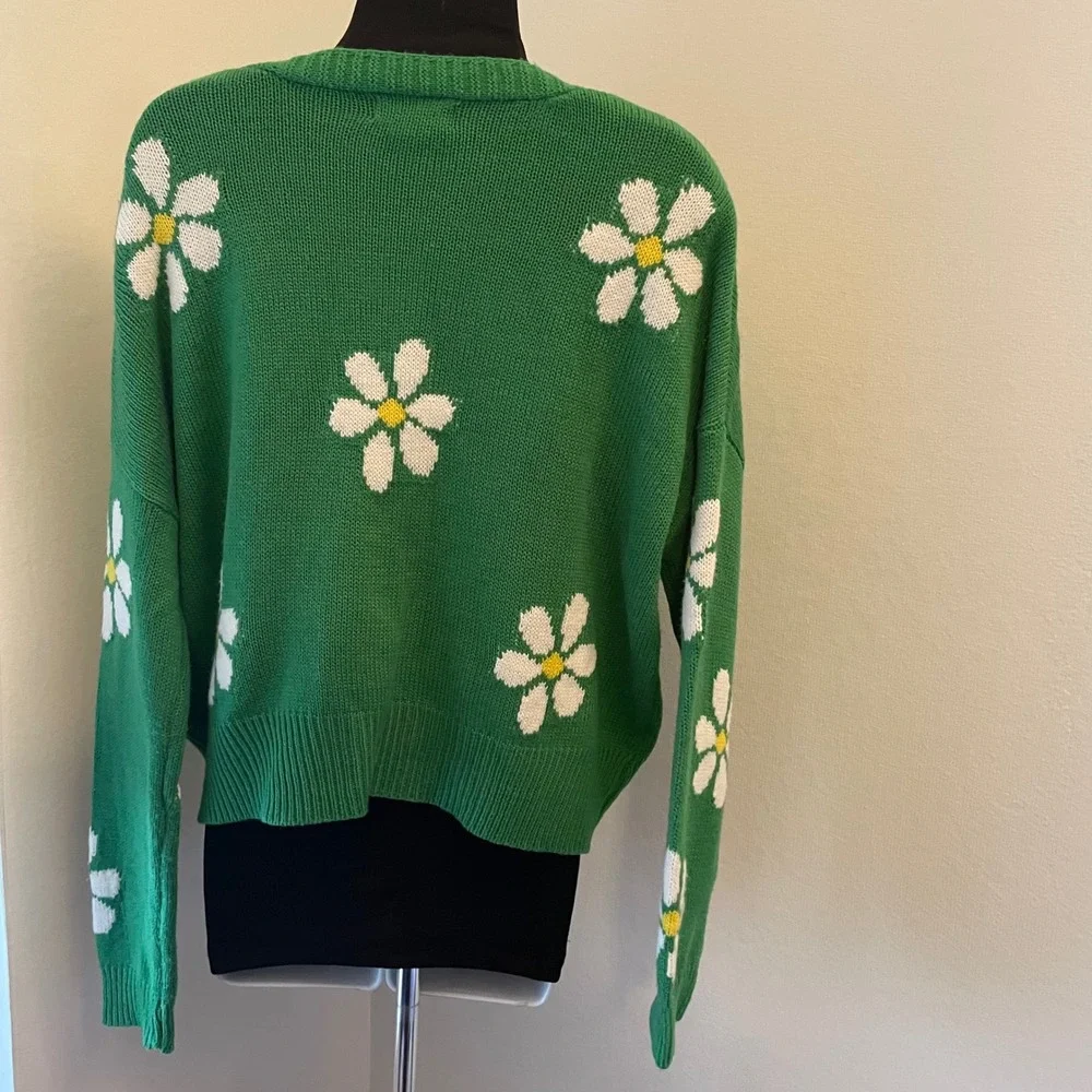 Just Polly New York Green Daisy Floral Knit Cardigan Sweater‎ Womens Small
